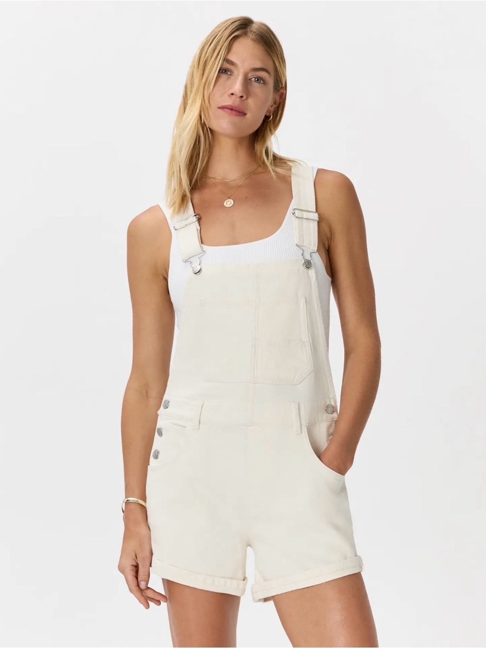 Quince Cream Short Denim Overalls